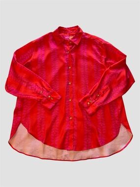 Vilagallo Orange & Pink Patterned Button Down Satin Shirt with Gold Tone Buttons